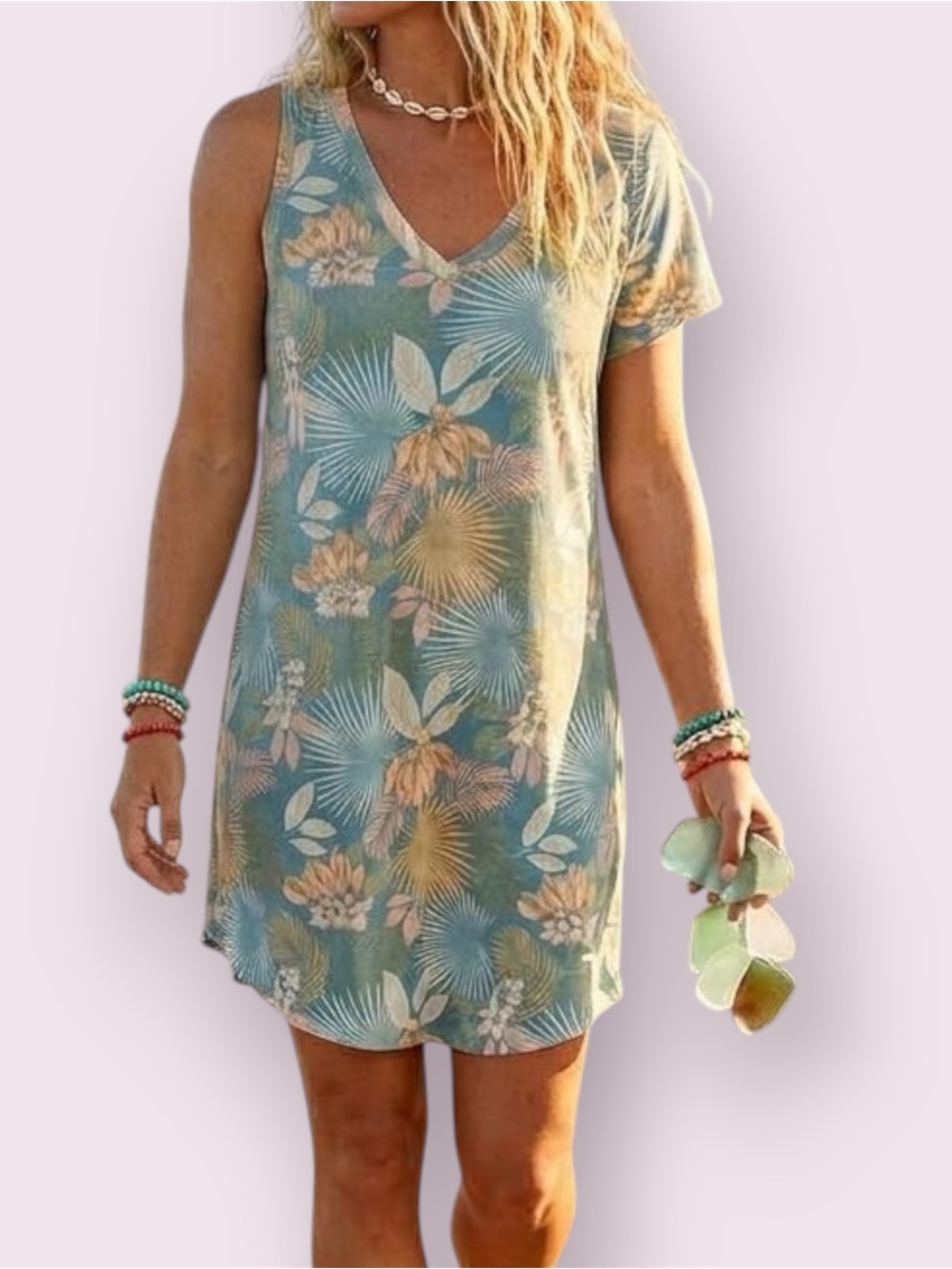 Chaser Tropical Floral Print Tee Shirt Dress Blue Orange Pink Size Large
